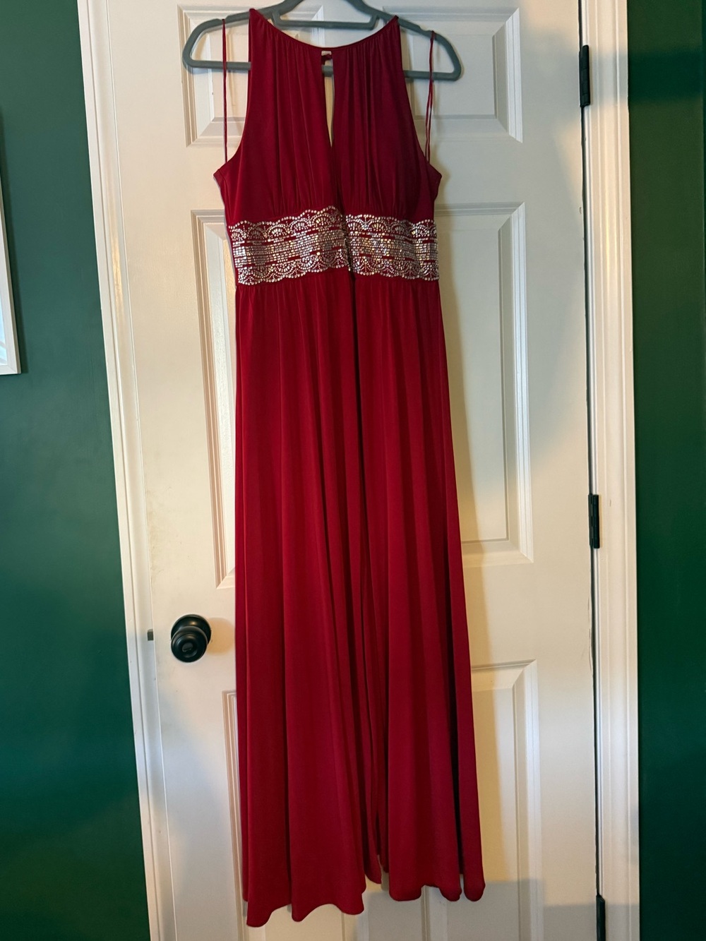 R&M Richards Red Maxi Gown with Beaded Waistband